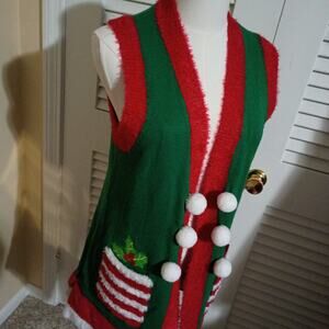 Ugly Christmas Sweater Women's S Long Open Vest PomPoms Faux Fur Green/Red/White